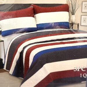 Hotel at home Queen 3pc Quilt set Red White and Blue Stripes